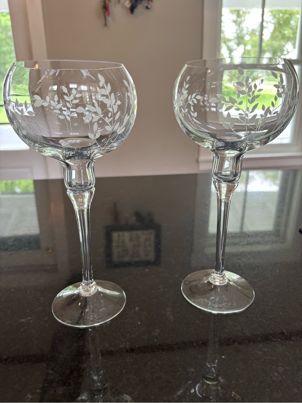 Etched Stemmed Wine Goblets - Set of 2 - Clear Glass with Leaf Motif